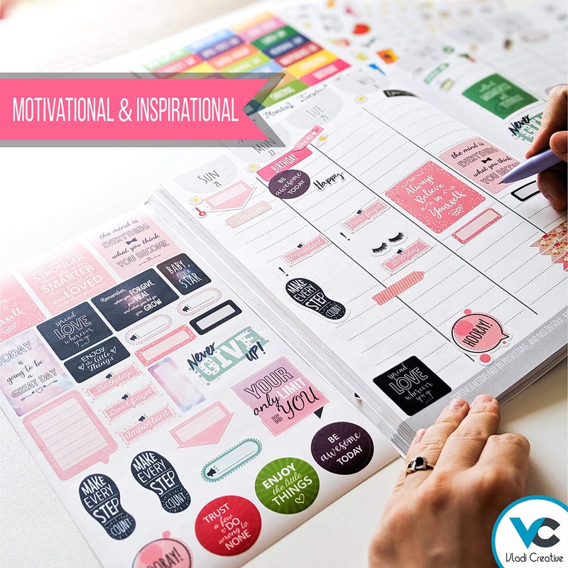 Vladi Creative Planner Stickers - 1054 Pieces, 15 Sheets, Decorative & Productivity-Boosting Colorful Stickers for Journals, Calendars, Scrapbooking, Time Management, & DIY Planner Decoration - Image 3